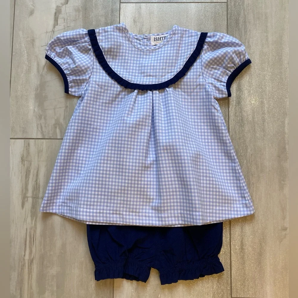 NWT Ishtex Blue Check Plaid Shirt with Matching Navy Corduroy Bubble Shorts, 24M